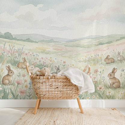 Woodland Whispers VI kids wall mural, full-scale preview of bunny meadow field