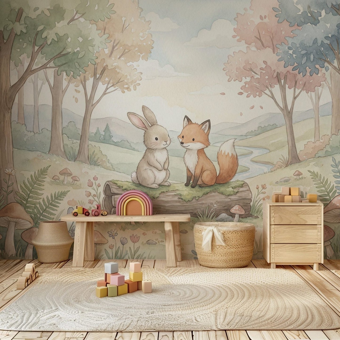 Woodland Whispers VII kids wall mural, detailed view of fox and bunny scene