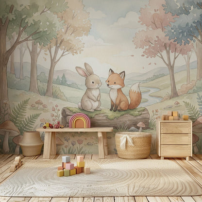 Woodland Whispers VII kids wall mural, detailed view of fox and bunny scene