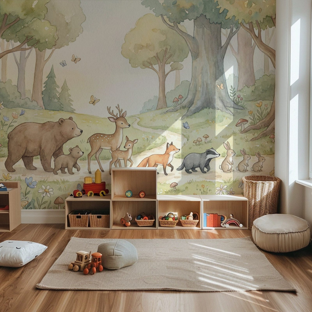 Woodland Whispers I watercolor woodland friends kids wall mural