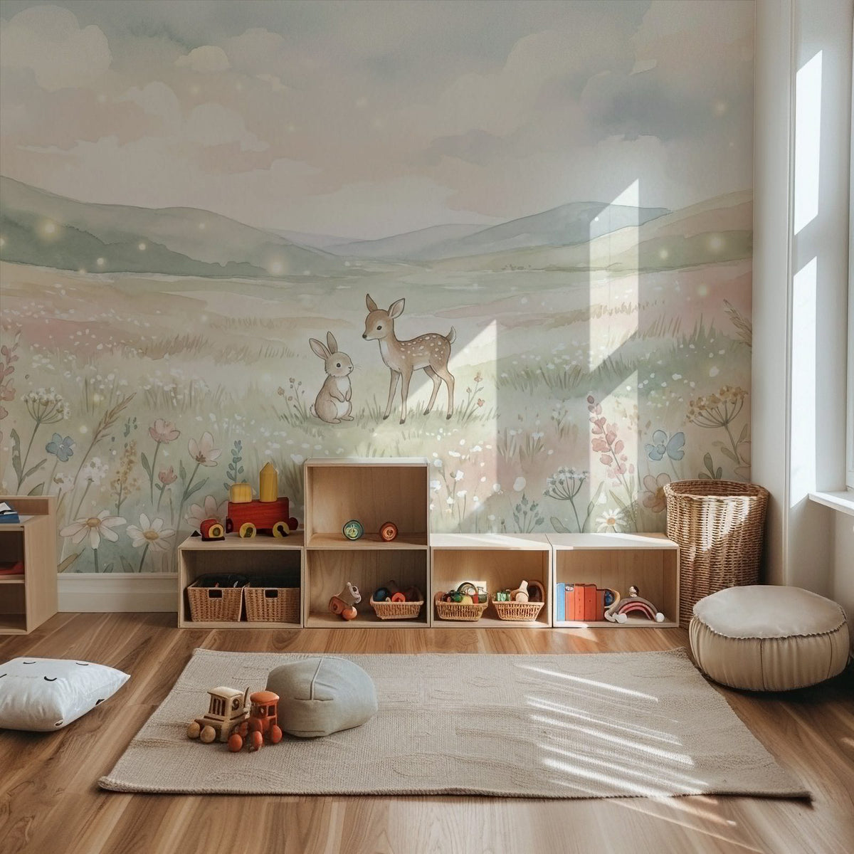 Woodland Whispers VIII watercolor deer and bunny meadow kids wall mural