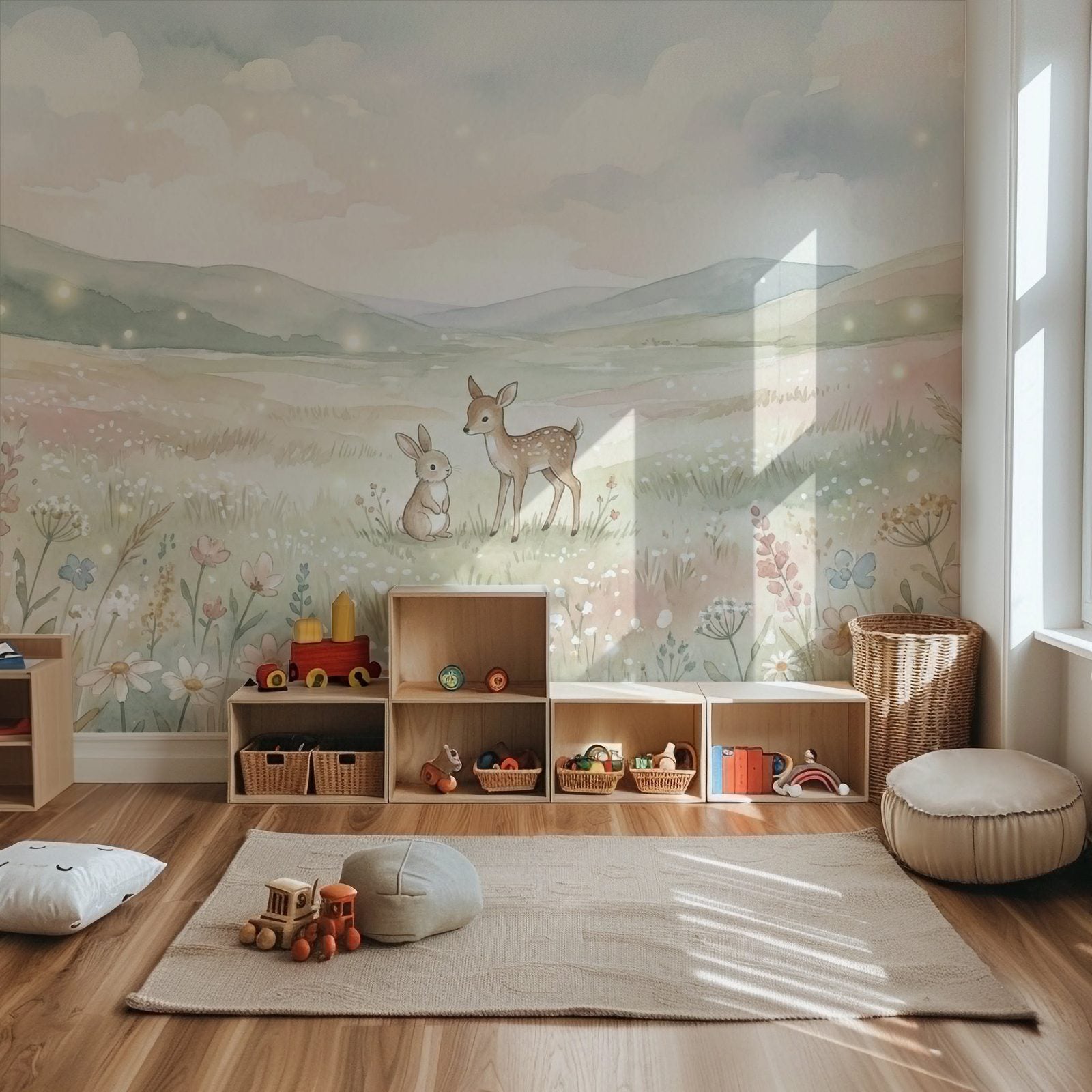 Woodland Whispers VIII watercolor deer and bunny meadow kids wall mural