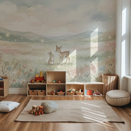 Woodland Whispers VIII watercolor deer and bunny meadow kids wall mural