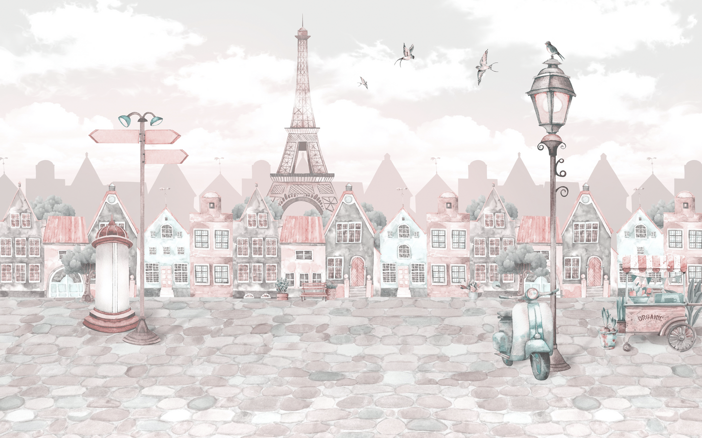 Romantic Parisian Dream wall mural, full-scale preview of Parisian cityscape