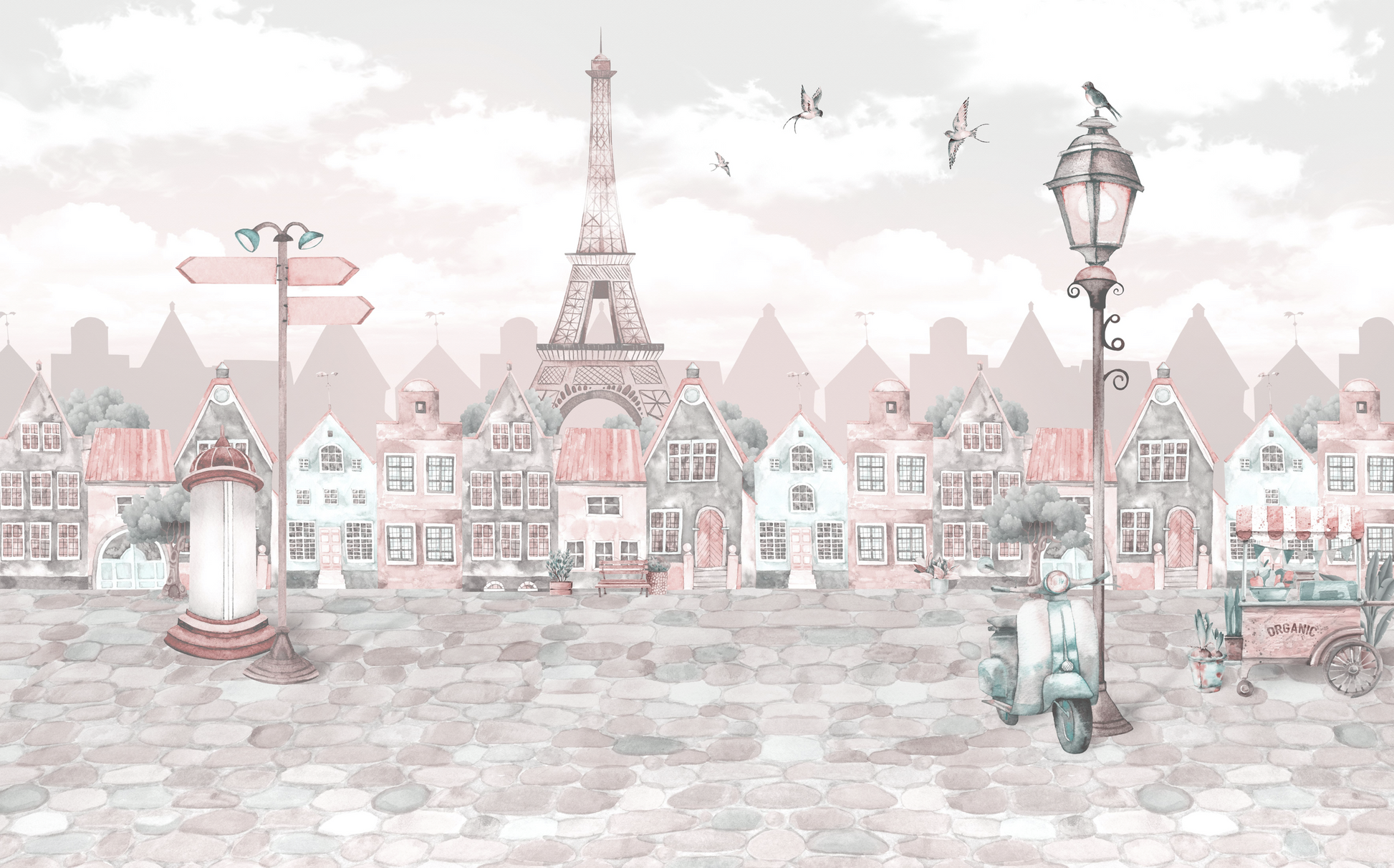 Romantic Parisian Dream wall mural, full-scale preview of Parisian cityscape