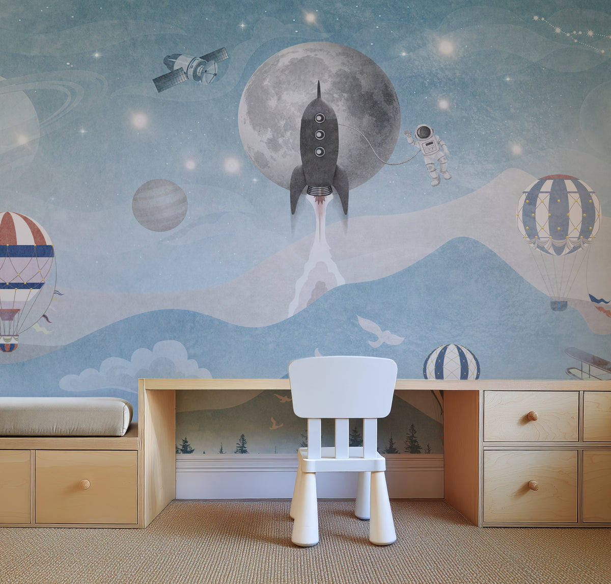 Space adventure kids wall mural in a child’s bedroom with planets and cosmic decor.