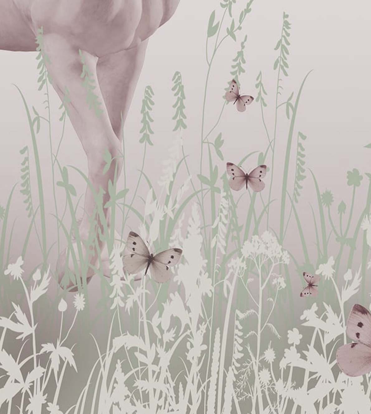 Unicorn Fantasyland wall mural, close-up of unicorns and florals in pastel tones