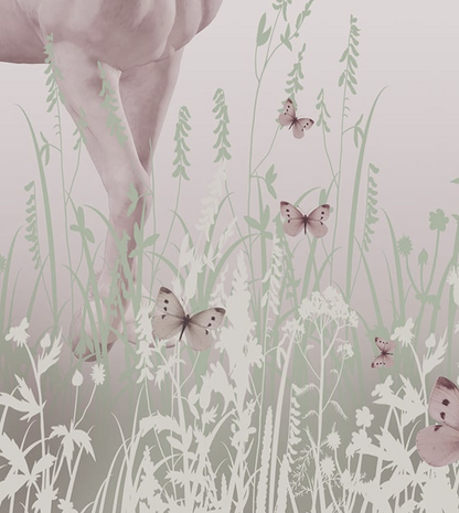 Unicorn Fantasyland wall mural, close-up of unicorns and florals in pastel tones