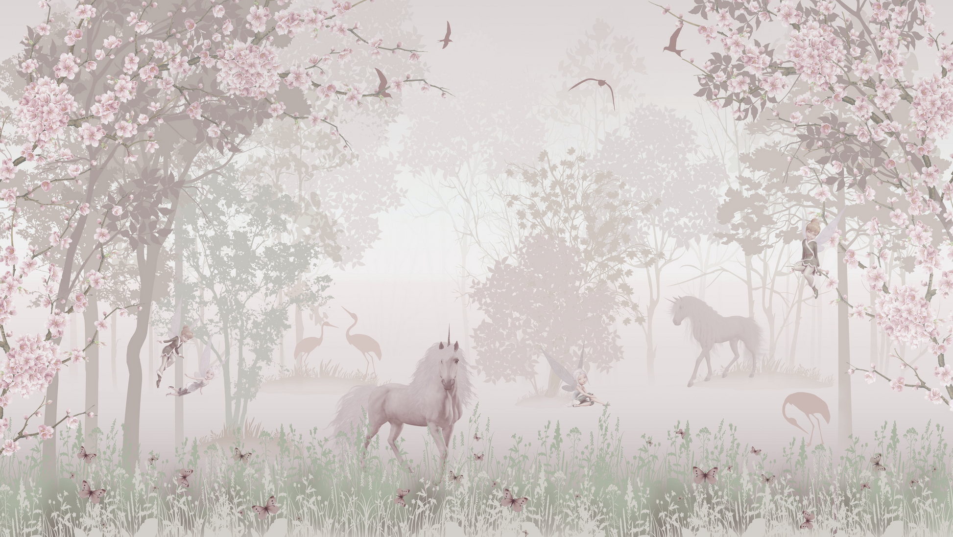 Unicorn Fantasyland kids wall mural, full-scale preview of the woodland unicorn scene