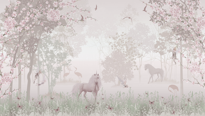 Unicorn Fantasyland kids wall mural, full-scale preview of the woodland unicorn scene