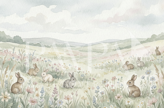 Woodland Whispers VI watercolor bunny meadow field kids wall mural