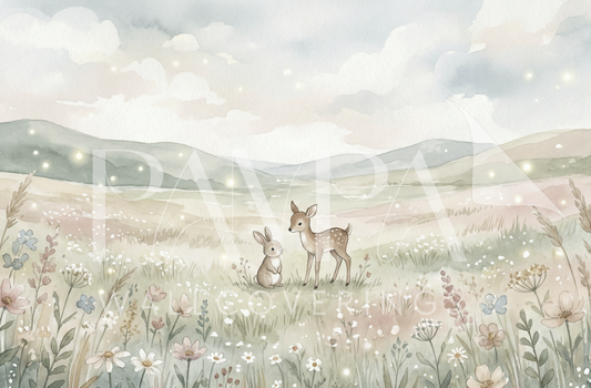 Woodland Whispers VIII watercolor deer and bunny meadow kids wall mural