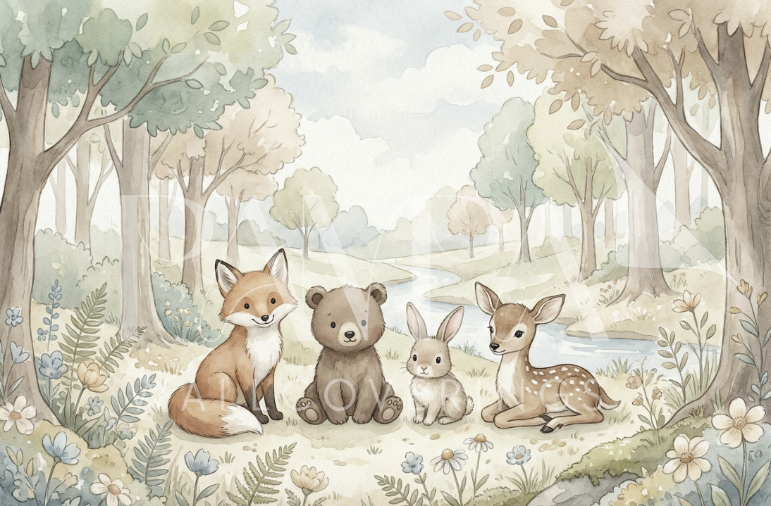 Woodland Whispers IV watercolor forest friends by the river kids wall mural