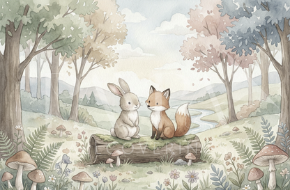 Woodland Whispers VII watercolor fox and bunny woodland kids wall mural