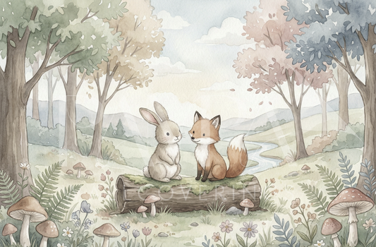 Woodland Whispers VII watercolor fox and bunny woodland kids wall mural