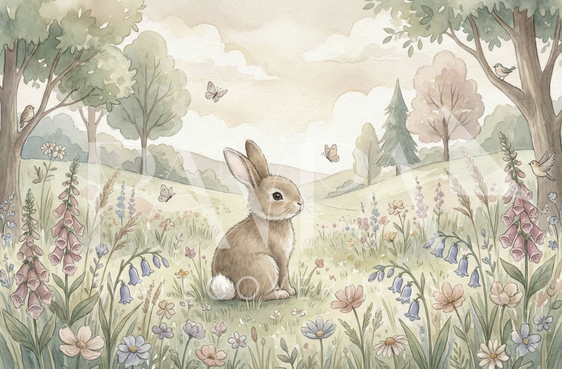 Woodland Whispers III watercolor little bunny garden kids wall mural