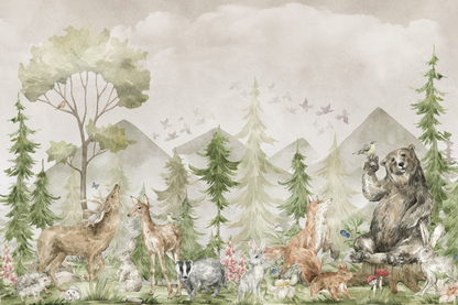 Watercolor Woodland Animals kids wall mural, full-scale preview of woodland scene