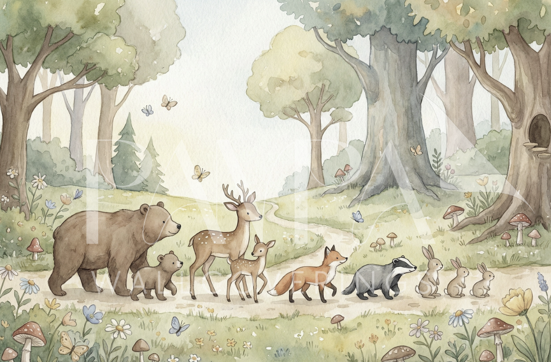 Woodland Whispers I watercolor woodland friends kids wall mural