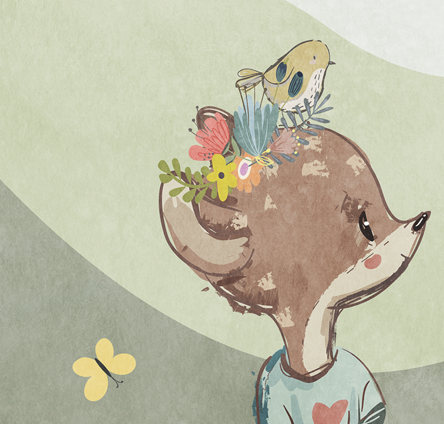 Woodland Deer kids wall mural, close-up of illustrated deer in a woodland scene