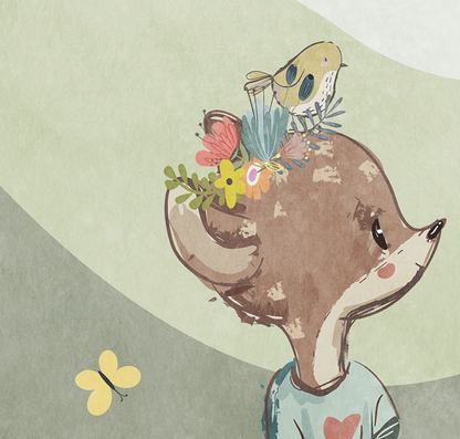 Woodland Deer kids wall mural, close-up of illustrated deer in a woodland scene