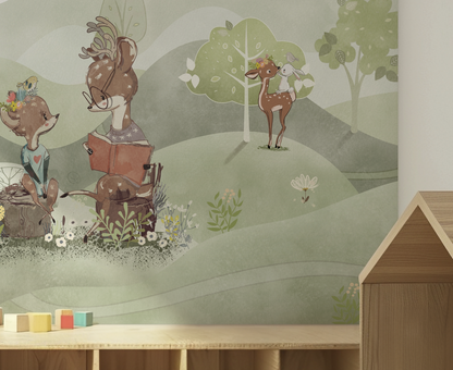 Children's room with a wall mural of cartoon deer in a forest setting.