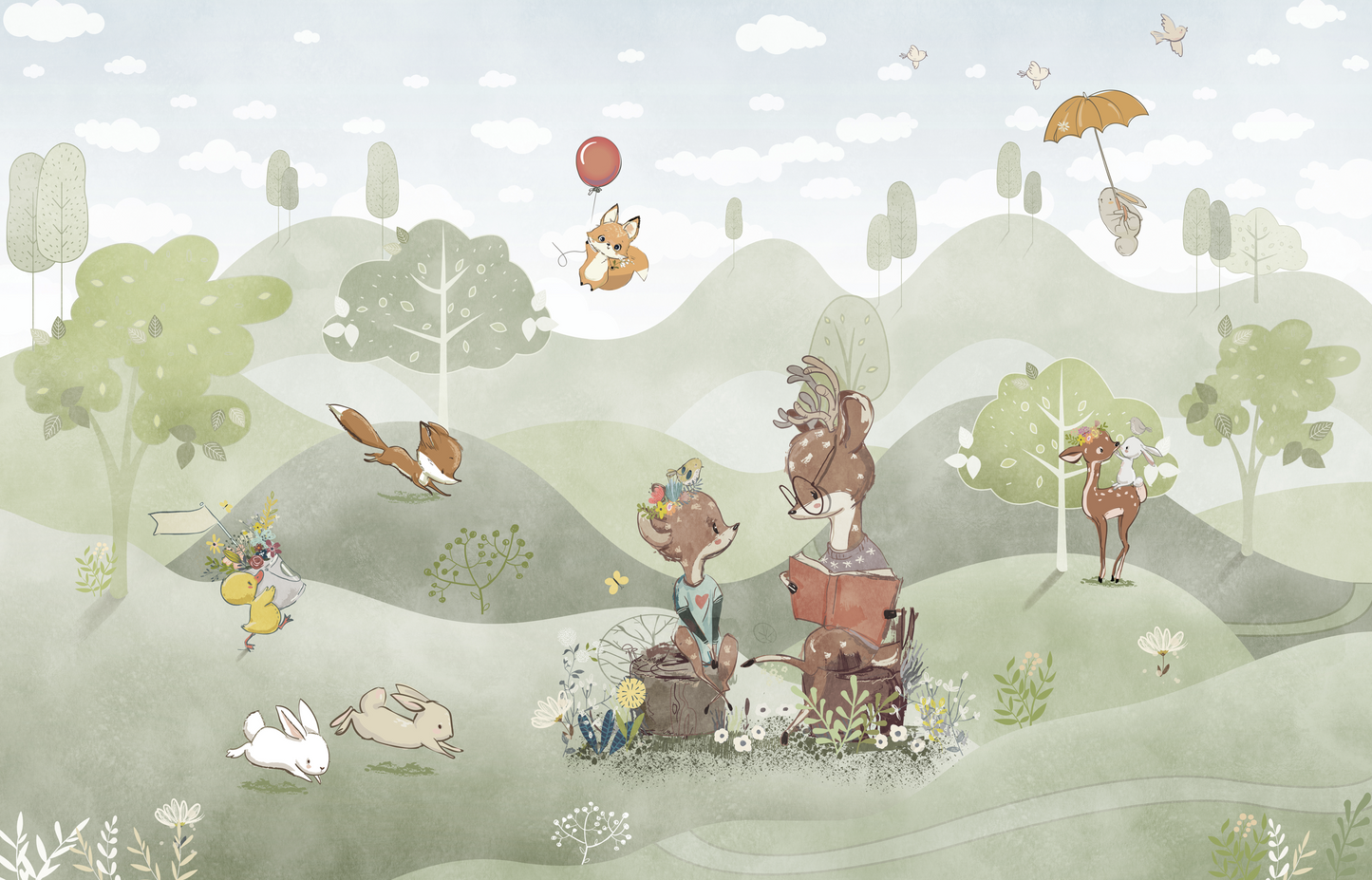 Woodland Deer kids wall mural preview, full-scale forest scene