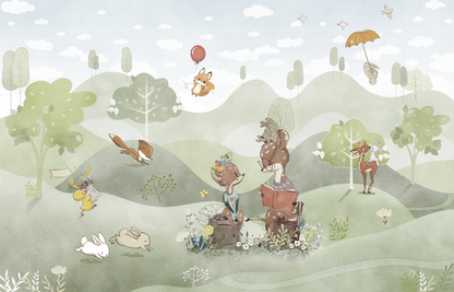 Woodland Deer kids wall mural preview, full-scale forest scene