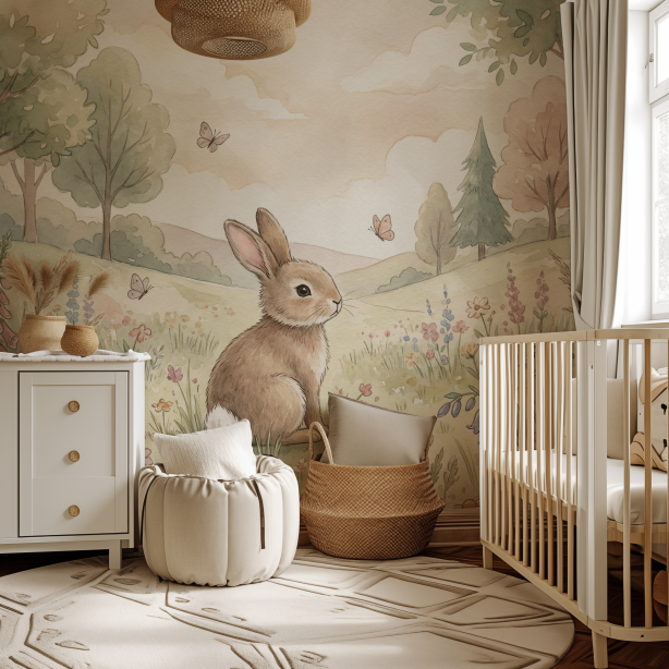 Woodland Whispers III kids wall mural, full-scale preview of bunny garden scene