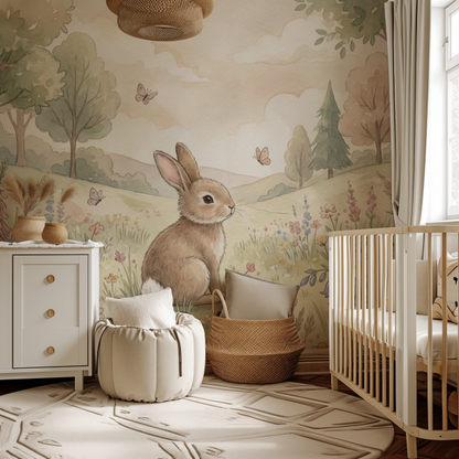 Woodland Whispers III kids wall mural, full-scale preview of bunny garden scene