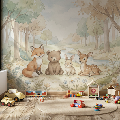 Woodland Whispers IV kids wall mural, full-scale preview of forest river scene