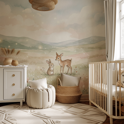 Woodland Whispers VIII kids wall mural, full-scale preview of deer and bunny meadow