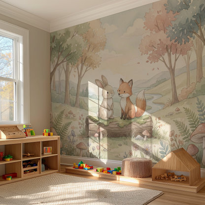 Woodland Whispers VII kids wall mural, full-scale preview of woodland scene