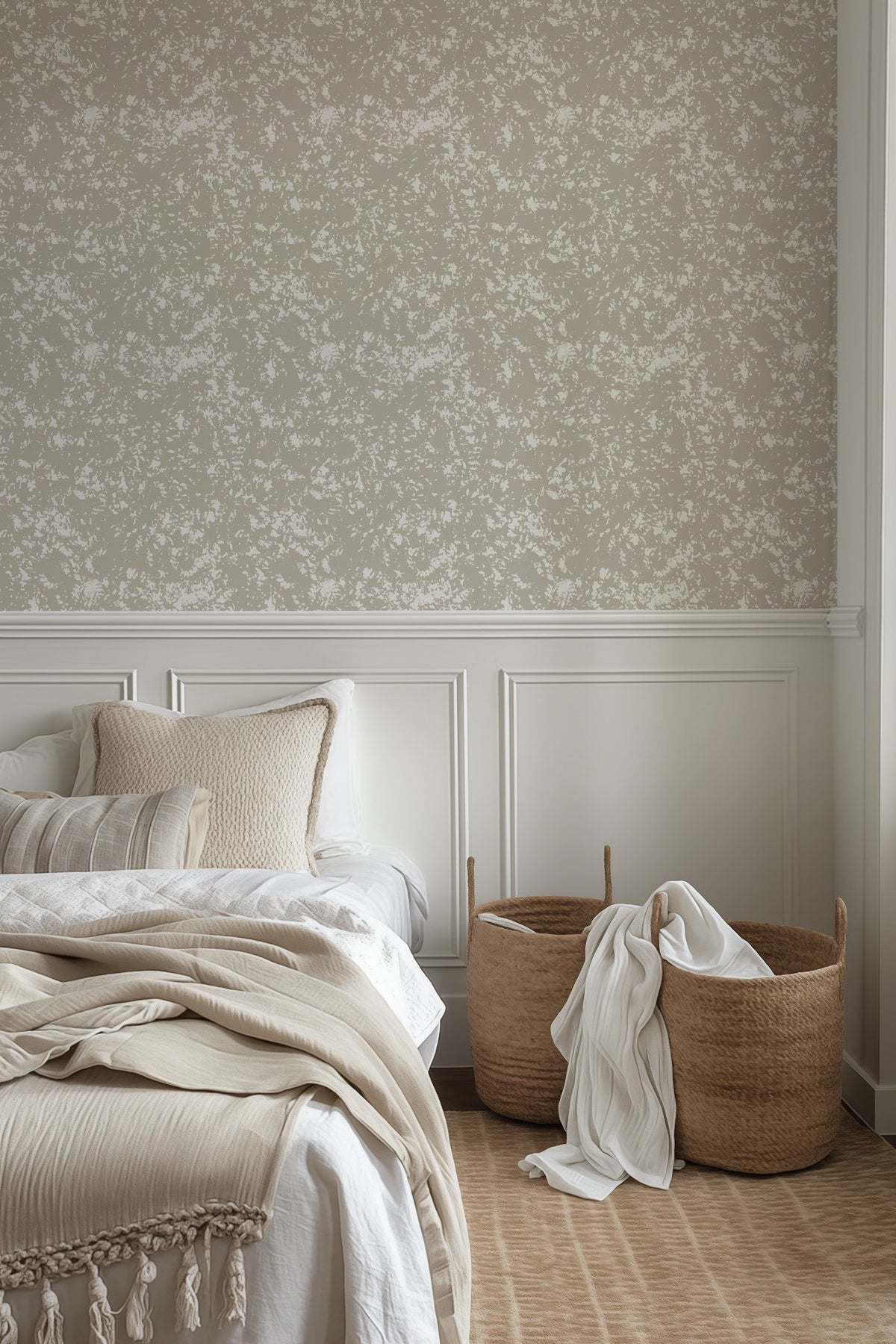 Abstract Beige Pattern minimalist neutral abstract wallpaper in a bedroom