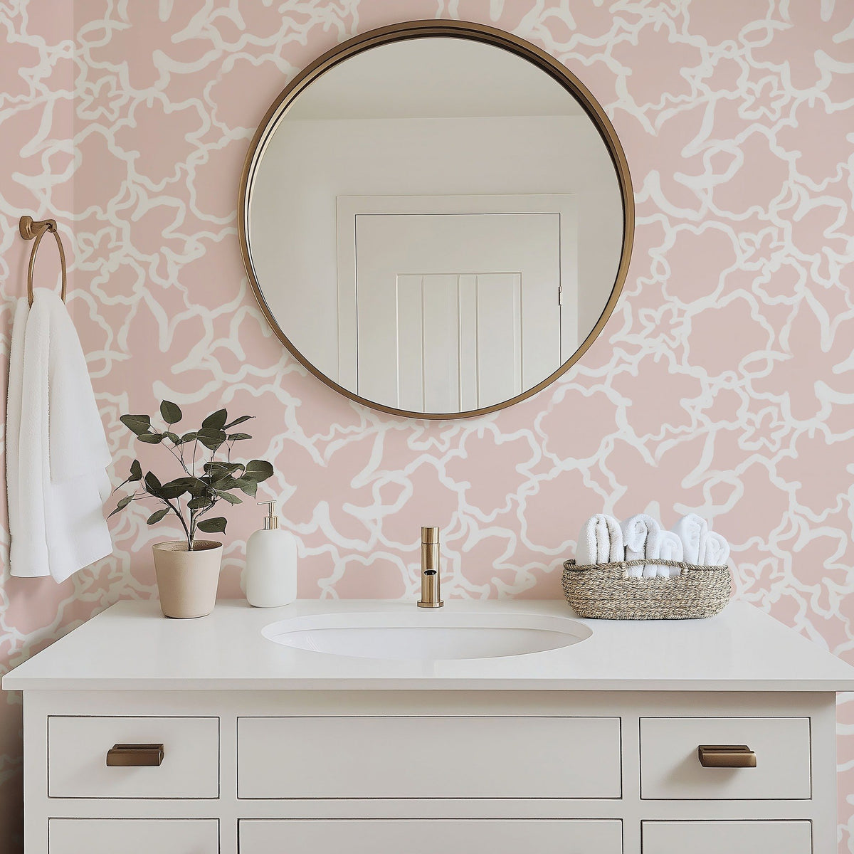 Abstract Flowers soft pink abstract floral wallpaper in a bathroom