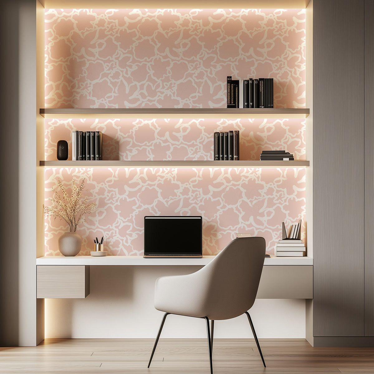 Abstract Flowers soft pink abstract floral wallpaper in a home office