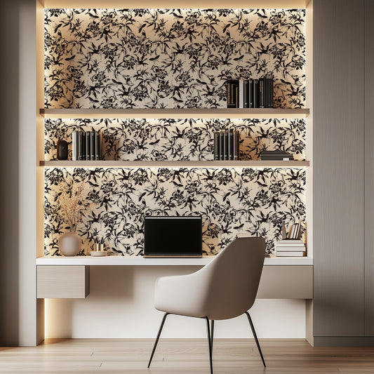 Abstract Printed Flowers bold black and white floral wallpaper in a home office