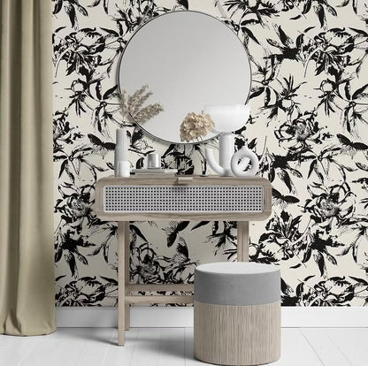 Abstract Printed Flowers bold black and white floral wallpaper