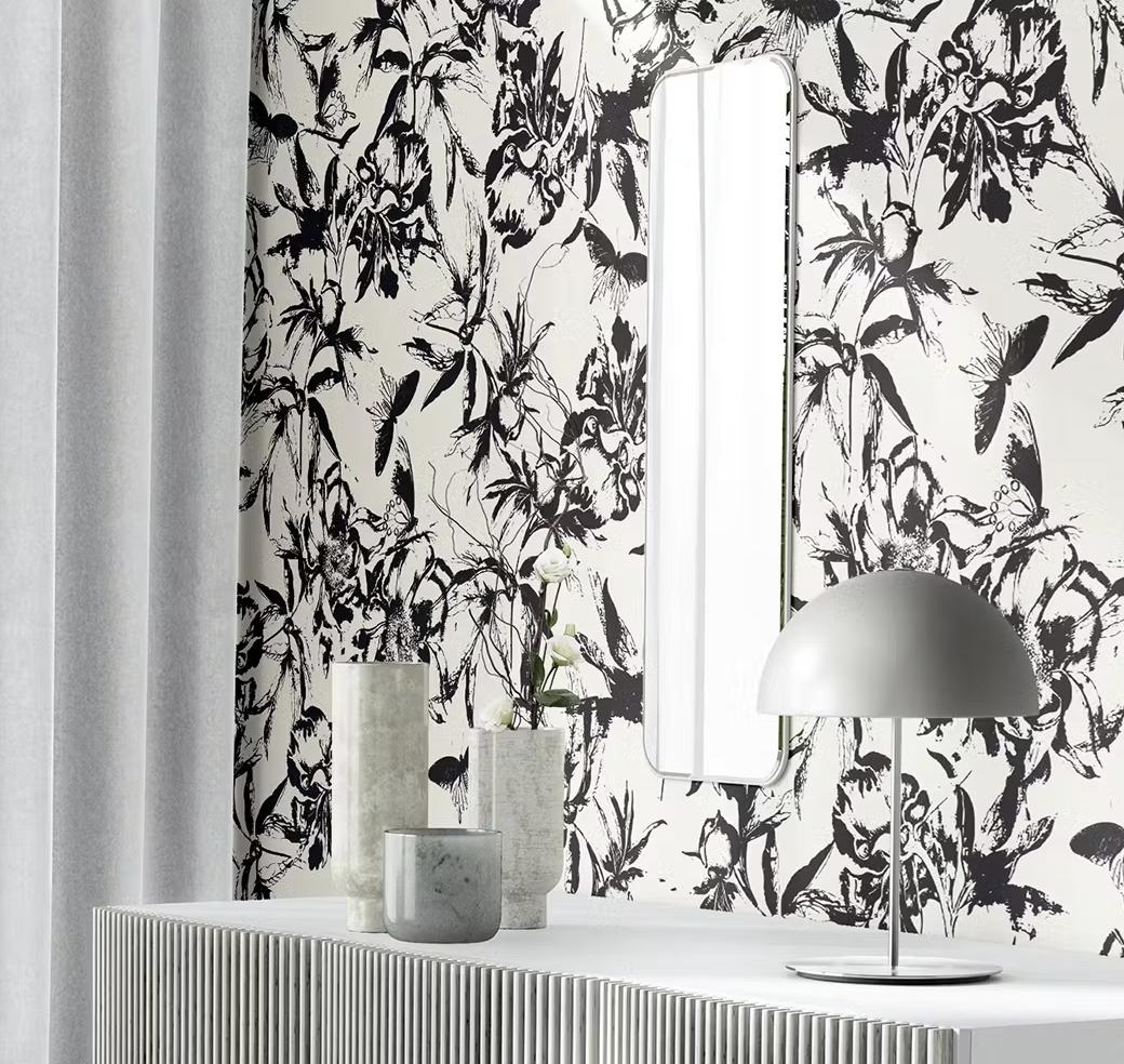 Abstract Printed Flowers wallpaper styled on a living room wall