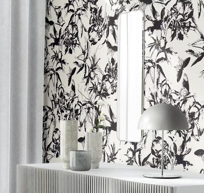 Abstract Printed Flowers wallpaper styled on a living room wall