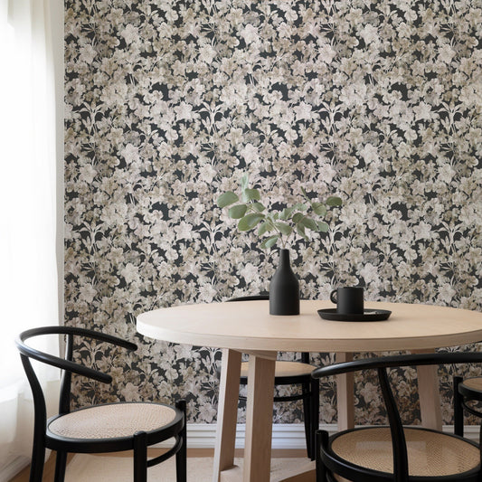 Aged Flowers vintage dark moody floral wallpaper in a dining room