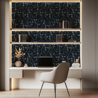Beautiful Faces - Black abstract black line-art portrait wallpaper in a home office