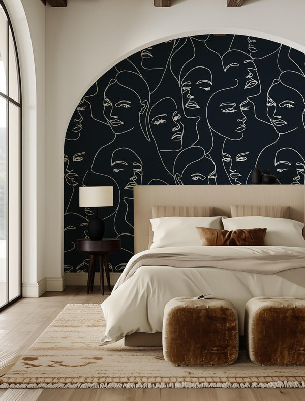 Beautiful Faces Black wallpaper styled on a living room wall