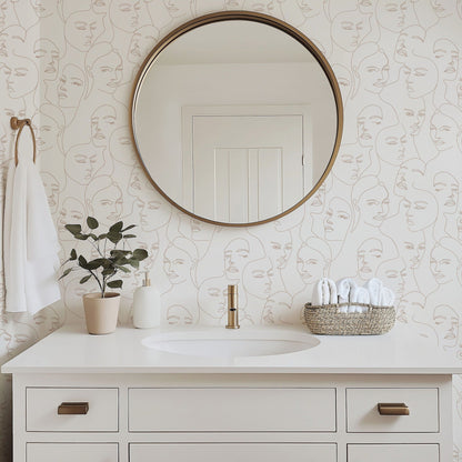 Beautiful Faces - White abstract white line-art portrait wallpaper in a bathroom