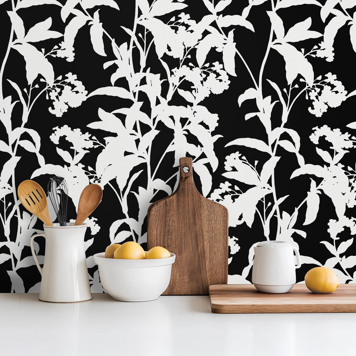 Black and White Flowers bold monochrome floral wallpaper in a dining room