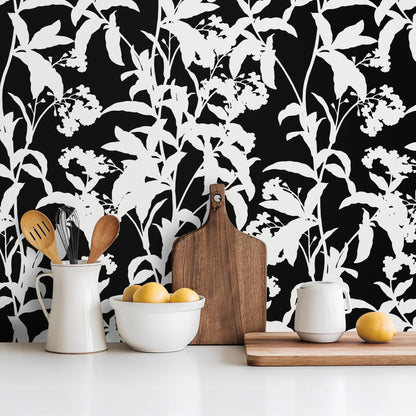 Black and White Flowers bold monochrome floral wallpaper in a dining room
