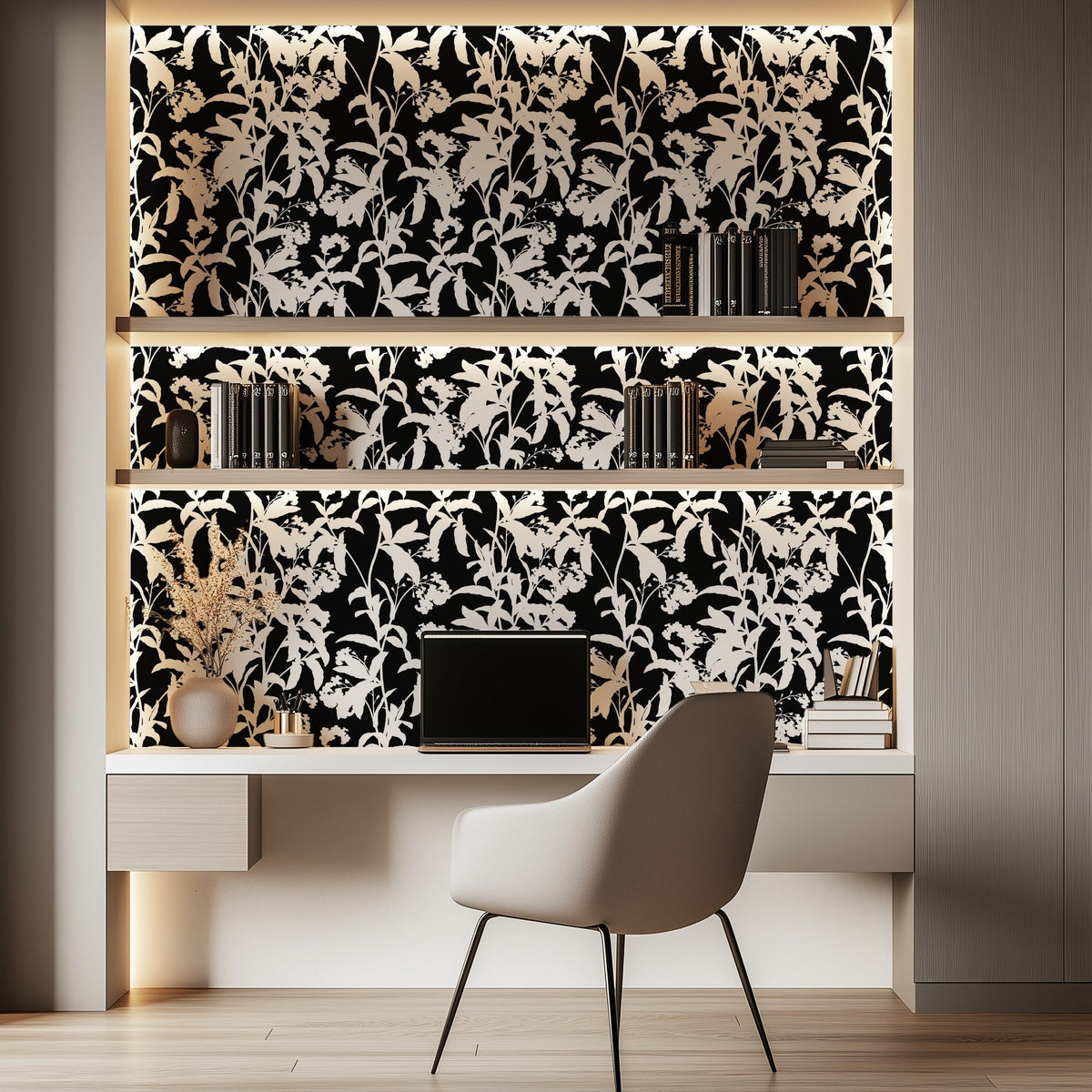 Black and White Flowers bold monochrome floral wallpaper in a home office