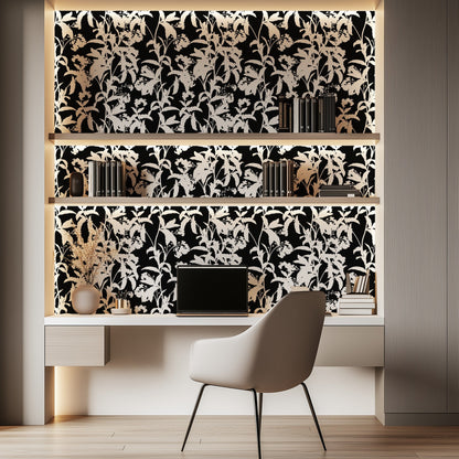 Black and White Flowers bold monochrome floral wallpaper in a home office
