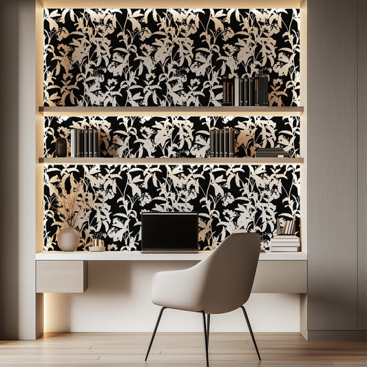 Black and White Flowers bold monochrome floral wallpaper in a home office