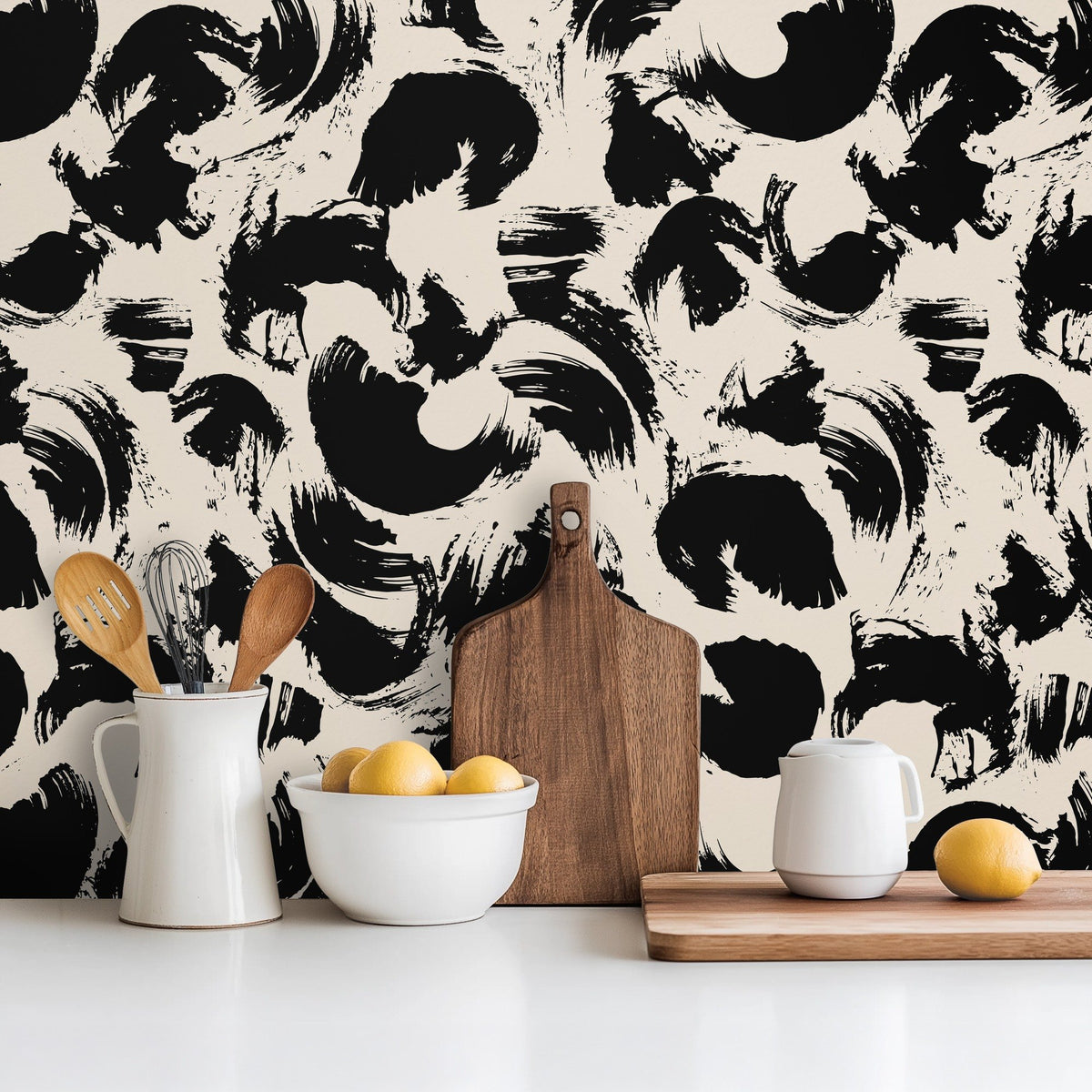 Black Paint bold hand-painted brushstroke wallpaper in a dining room