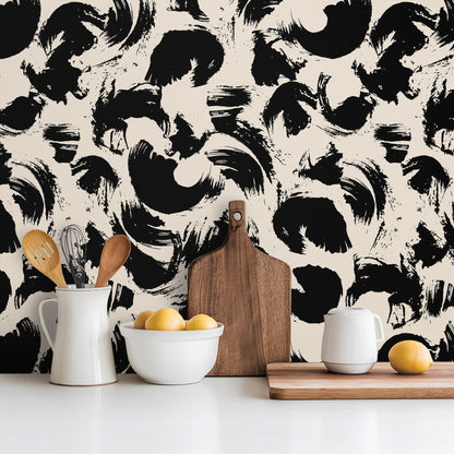 Black Paint bold hand-painted brushstroke wallpaper in a dining room